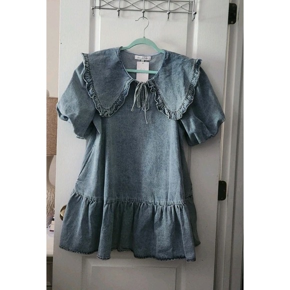 Sofie The Label Women's Denim Mini Dress Short Puff Sleeve Cotton Size M - Picture 3 of 9